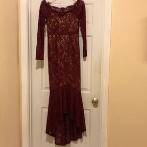 Small red L’ATISTE by Amy embroidered lace overlay long dress